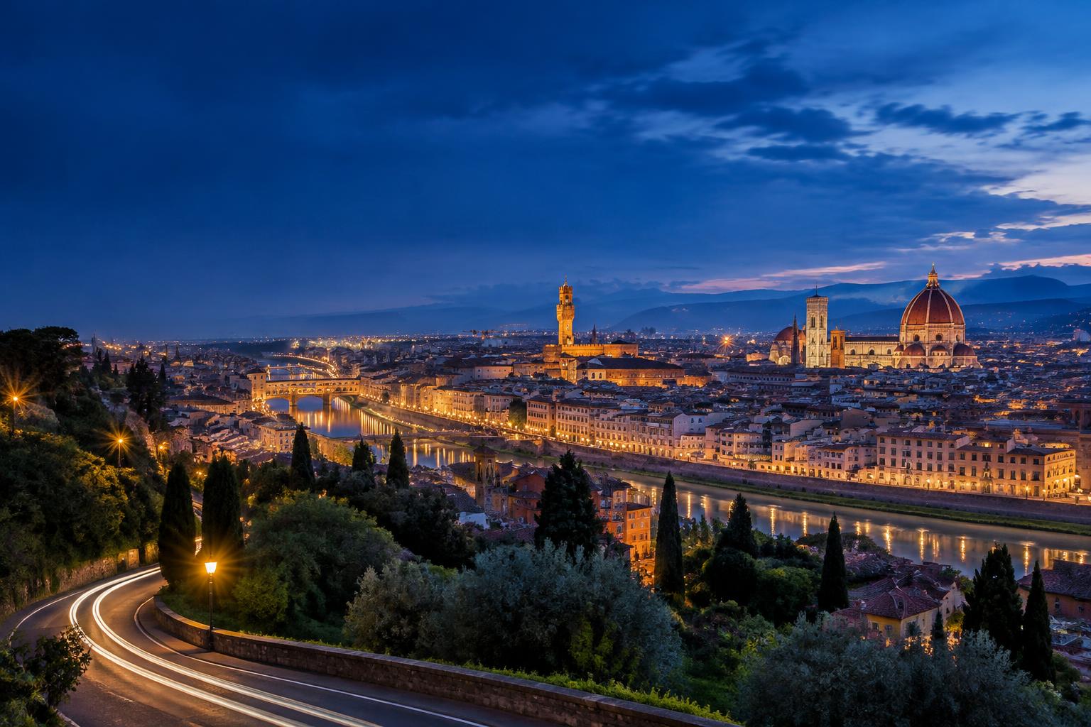 Veduta di Firenze al crepuscolo con il Duomo e Palazzo Vecchio